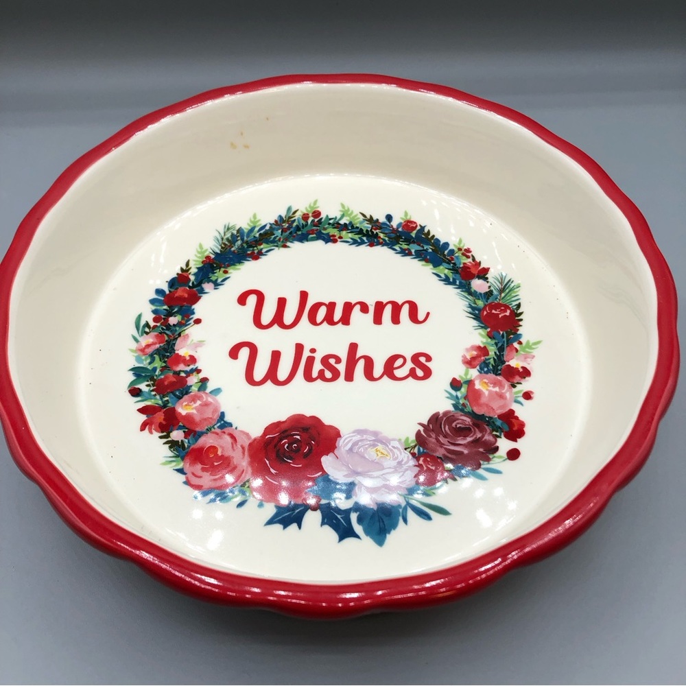 NEW Pioneer Woman 10” stoneware deep dish holiday pie pan WARM WISHES Christmas